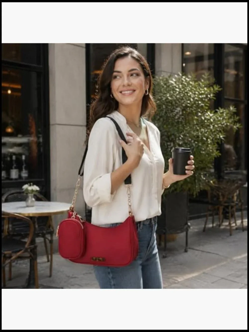 Crescent Hobo Crossbody Bag with Detachable Pouch & Two Straps